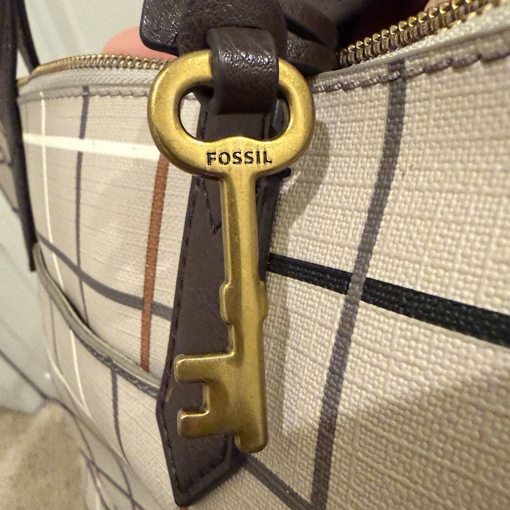 Fossil Sydney Large Tote Bag Gray Black Brown Plaid Windowpane PVC 17x12x4 - Picture 12 of 12